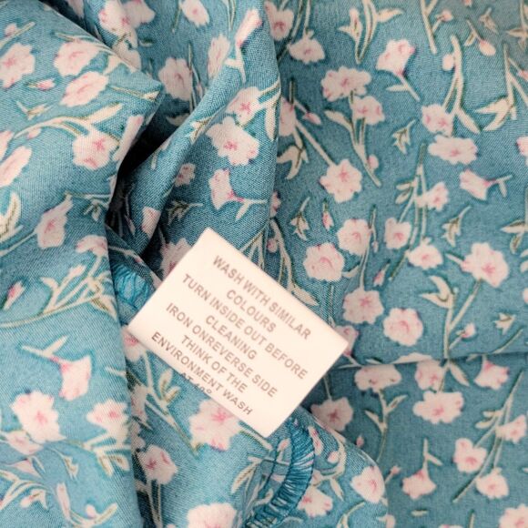 Womens Plus size 1X and 2X Teal/Pink Ditsy Floral Round Neck Short Sleeve Blouse - Picture 12 of 12